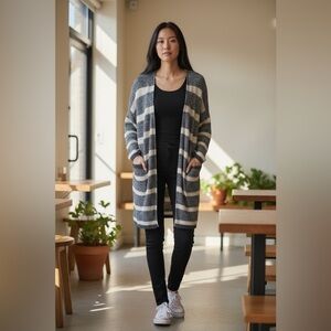 Lucky Brand Women's Gray and Cream Striped Long Cardigan